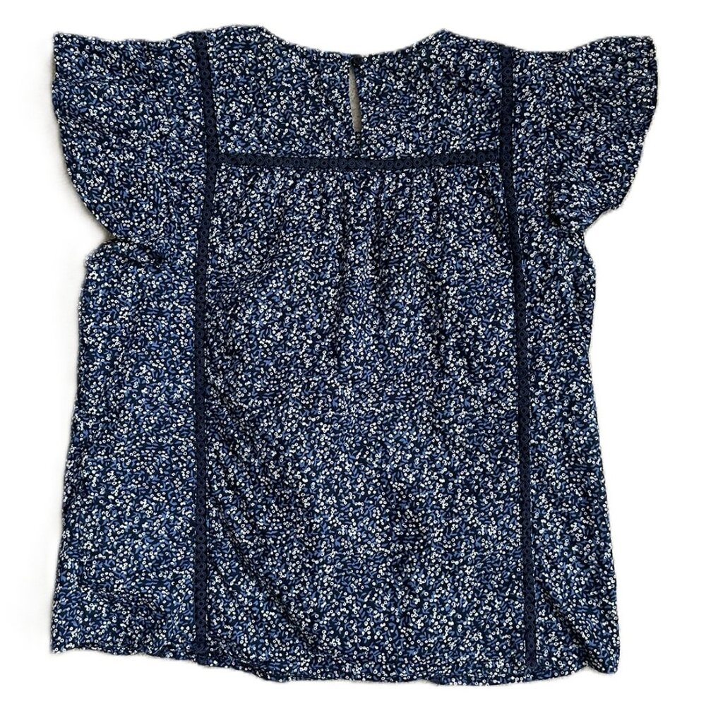 Small Short Sleeve Blouse Blue and White with Crochet Lucky Grace Flutter - Picture 2 of 5